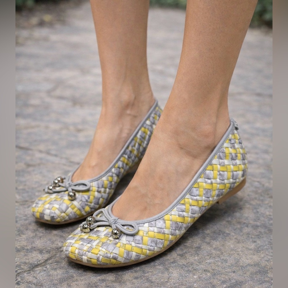 Elliot Luca Yellow Gray Woven Leather Flats Women’s Size 8